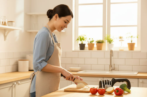 Aiguiseur couteau femme cuisinant des legumes
