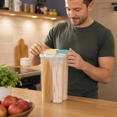 Boite de conservation alimentaire un homme range ses pâtes