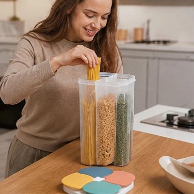 Boite de conservation alimentaire une dame met ses pâtes dedans
