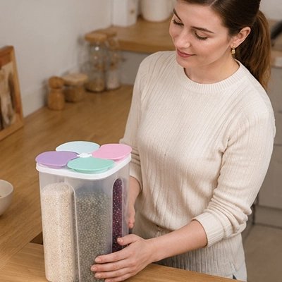 Boite de conservation alimentaire une femme deplace le contenant