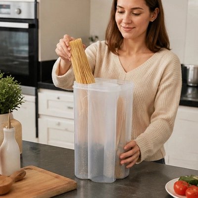 Boite de conservation alimentaire une femme met ses pâtes alimentaire