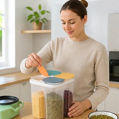 Boite de conservation alimentaire une femme ouvre le couvercle souriante