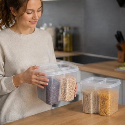 Boite de conservation alimentaire une femme range ses aliments sec 