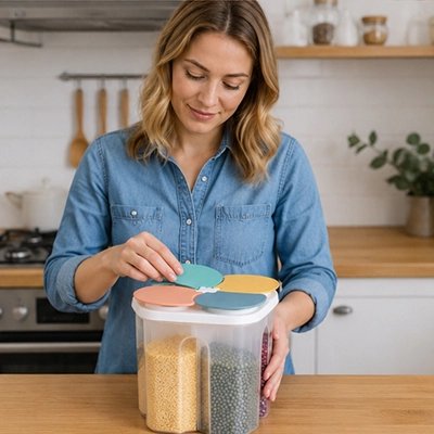 Boite de conservation alimentaire une femme referme son couvercle