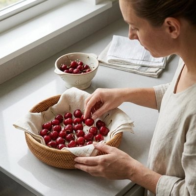 Corbeille a fruit dame se prepare des cerises 
