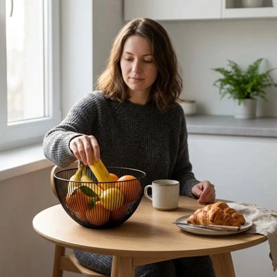 Corbeille a fruit femme prend petit dejeuner et prend une banane