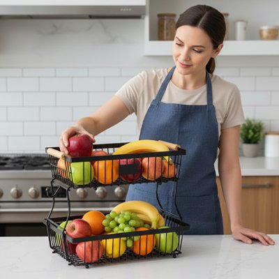 Corbeille a fruit une femme prens une pomme facilement