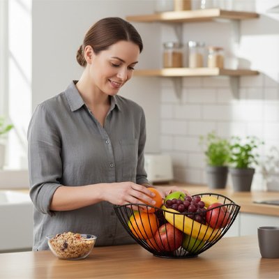 Corbeille à fruits la femme prend son fruits du jour