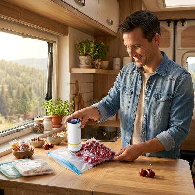 homme en camping car avec machine sous vide mini