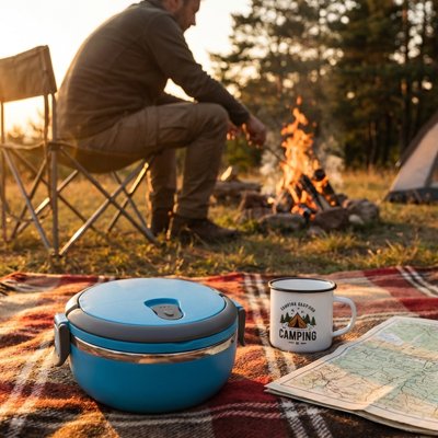 Lunch box bleu près du feu pendant randonnée