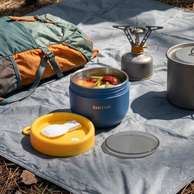 Lunch box  bleu sur tapis pour pique-nique 