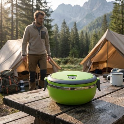 Lunch box contenant vert au camping