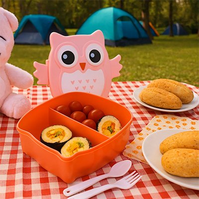 Lunch box enfant rose en pique-nique au camping