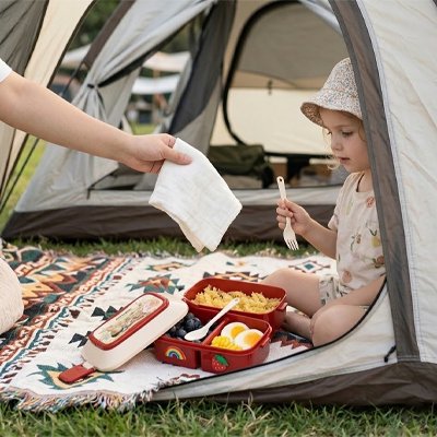 Lunch box enfant une petite fille avec repas en camping