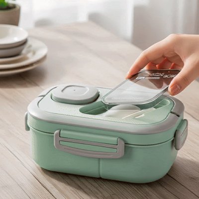 Lunch box petite boite verte avec ustensiles sur le dessus