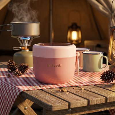Lunch box rose sur une table pour camping 