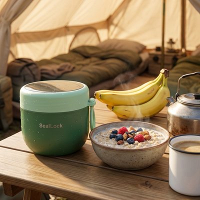 Lunch box sur la table pour petit déjeuner en camping 
