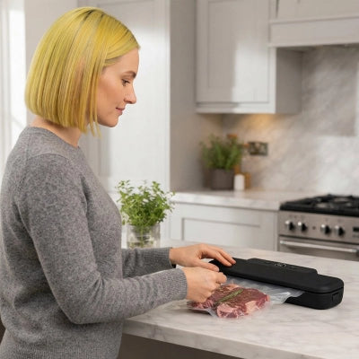 Machine sous vide la dame prépare sa viande à congelée