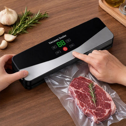 Machine sous vide la personne scelle un steak avec herbes