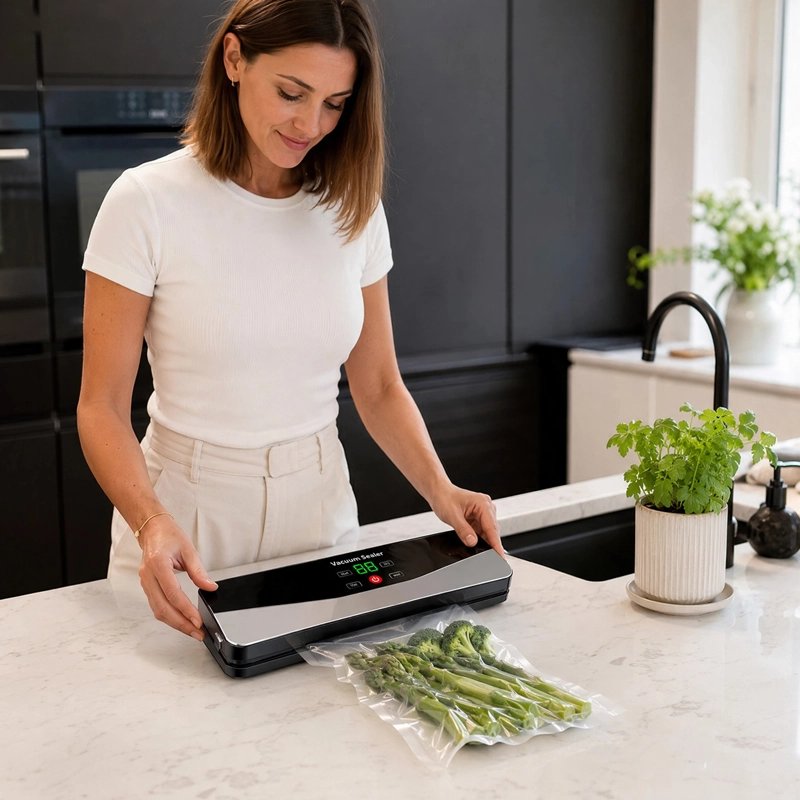 Machine sous vide madame prépare des légumes congélation