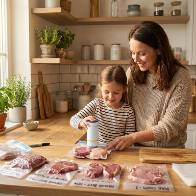 machine sous vide mini mère et fille prépare des sachets