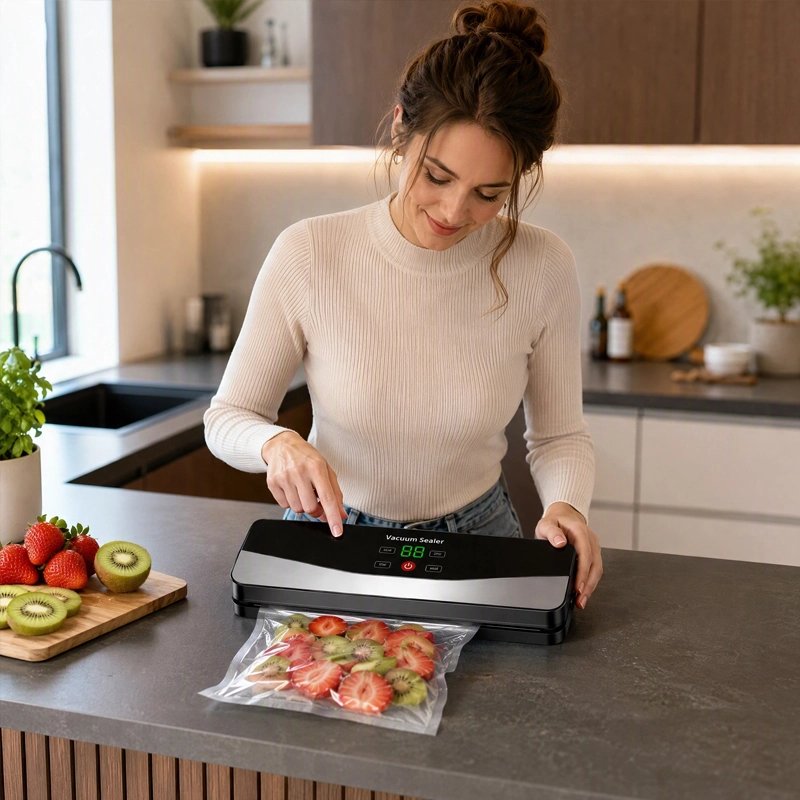 Machine sous vide sur le comptoir dame scelle ses fruits