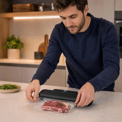 Machine sous vide un homme fait préparation de steak