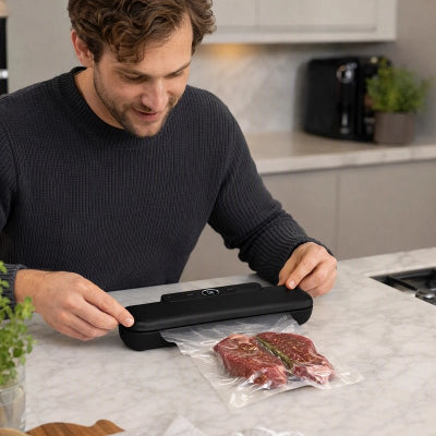 Machine sous vide un Homme scelles ses steaks 