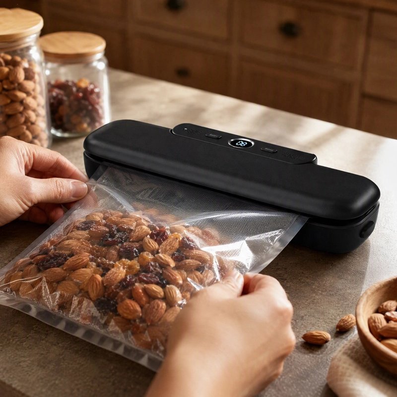 Machine sous vide une personne scelle des noix pour randonnée