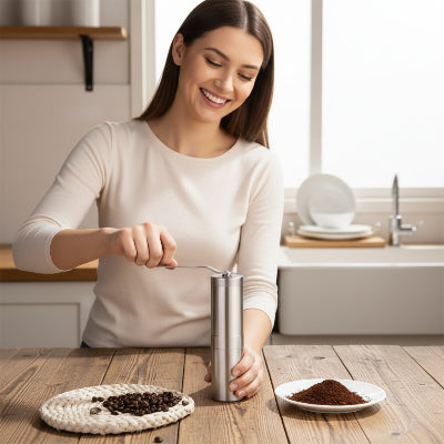 Moulin a cafe​ inoxidable femme heureuse