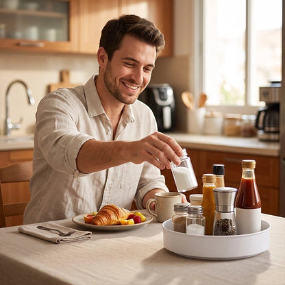 Plateau tournant​ l'homme s'en sert comme plateau déjeuner