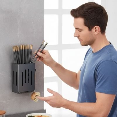 Porte couvert​ un homme replace ses ustensiles