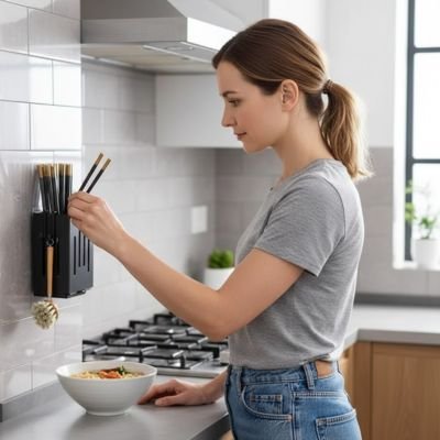 Porte couvert​ une femme place ses baguettes 