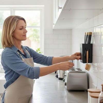 Porte couvert​ une femme replace sur le crochet sa brosse