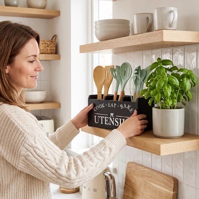 Pot ustensiles Cuisine dame replace son pot sur une tablette