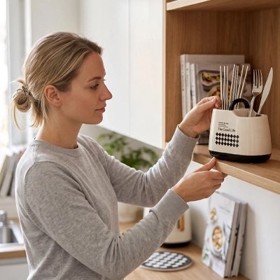 Pot ustensiles Cuisine la femme le place sur étagère