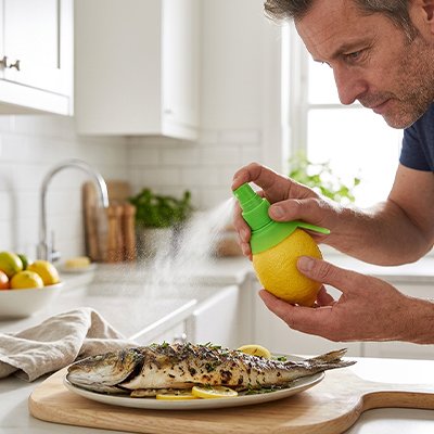 Presse agrume homme qui cuisine et presse son agrume préféré