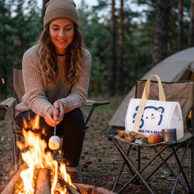 Sac isotherme au bord du feu avec sac blanc