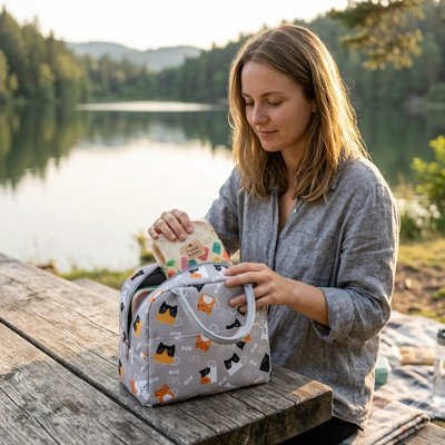 Sac isotherme dame assise a table au bord du lac