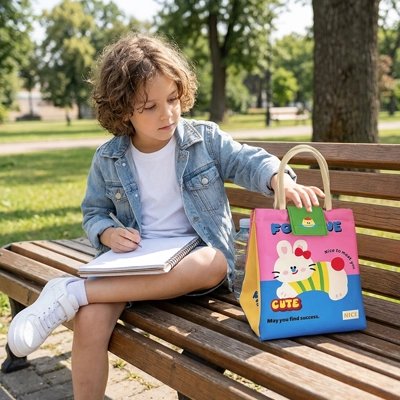 Sac isotherme enfant petit assis sur banc de parc