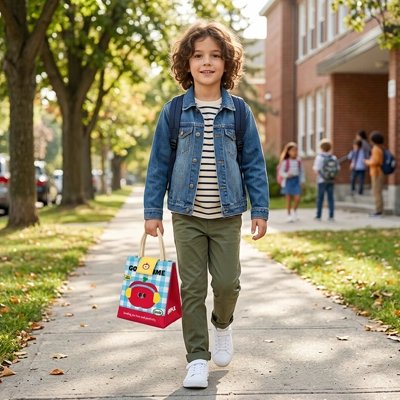 Sac isotherme enfant petit qui marche avec son repas