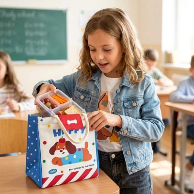 Sac isotherme enfant petite en classe avec son repas