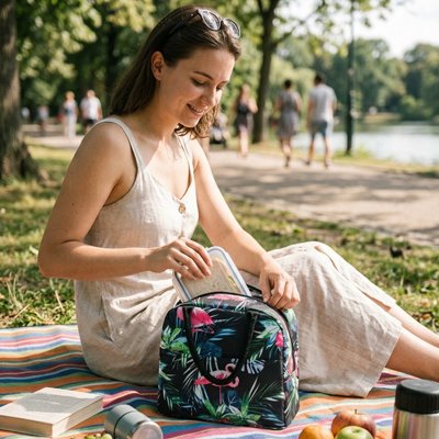 Sac isotherme femme assis dans un parc pour pique nique