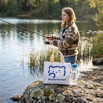 Sac isotherme femme au bord d un lac et elle pêche 