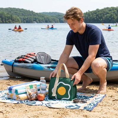 Sac isotherme  homme a la plage avec sac pour pique nique