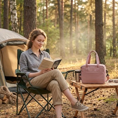 Sac isotherme la dame fais la lecture avec son sac 