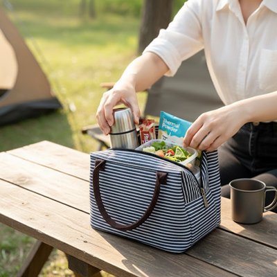 Sac isotherme la dame met son thermos dans lunch bag