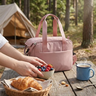 Sac isotherme la dame place son repas en camping