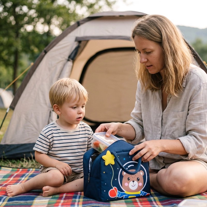 Sac isotherme mère et fils en camping avec sac oursons 