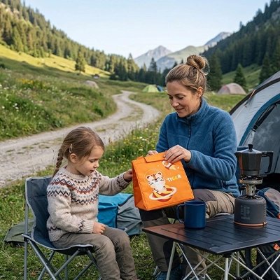 Sac isotherme repas la dame ouvre sac devant sa fille